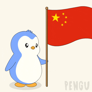 a cartoon penguin is holding a red flag with a yellow star