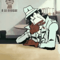 a cartoon of a man smoking a cigarette in front of a sign that says a la drogue