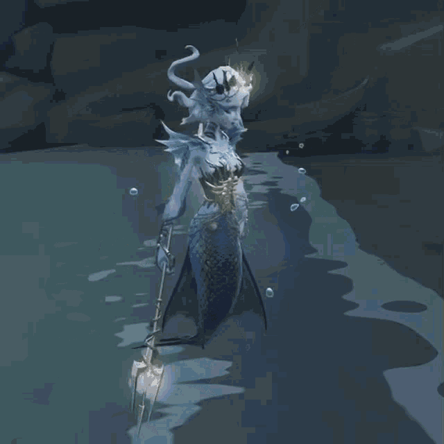 a mermaid is holding a spear in a body of water