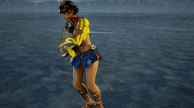a woman in a yellow and blue outfit is standing in front of a body of water in a video game .