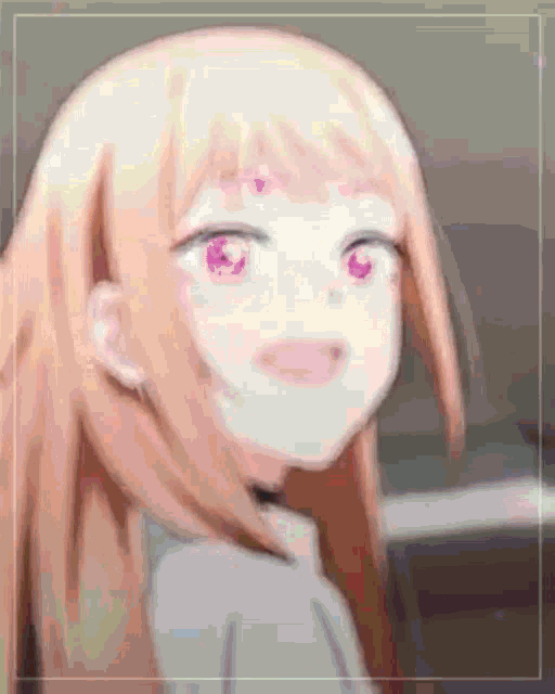 a close up of a blonde anime girl with pink eyes .