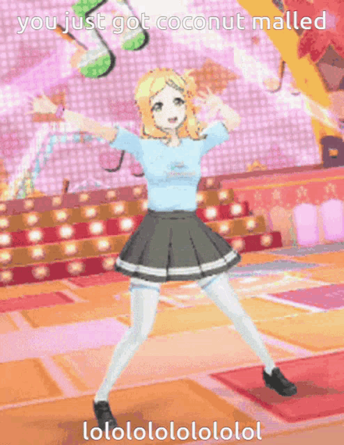 a girl in a blue shirt is dancing with the words you just got coconut malled below her
