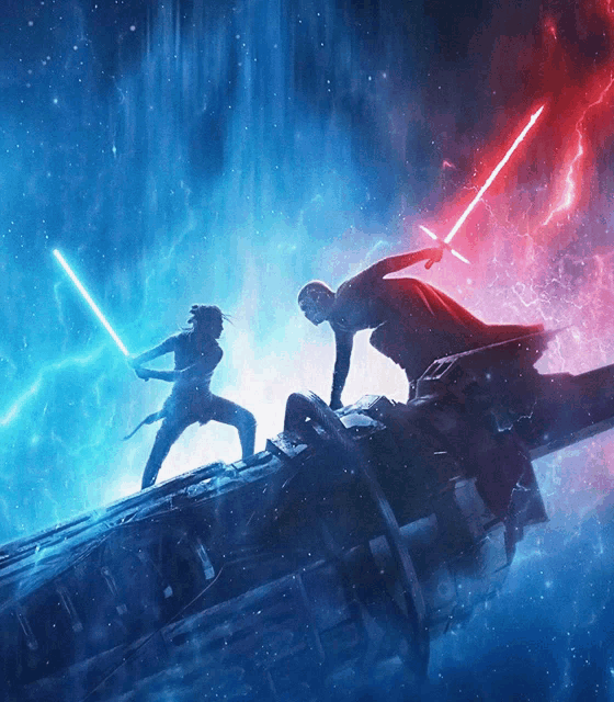 a painting of two people fighting with lightsabers in the sky