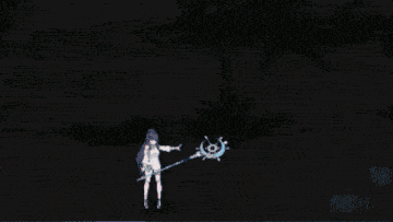 a girl is standing in a swimming pool with a sword in her hand