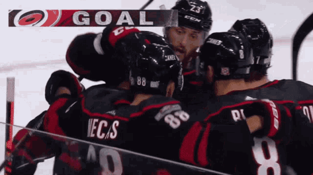 a group of hockey players celebrate a goal with the letters goal above them