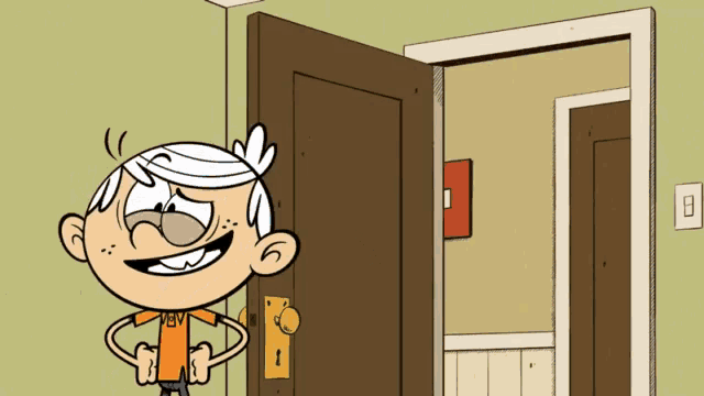 a cartoon character from the loud house is standing in front of a door