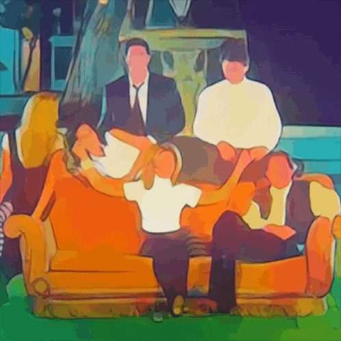 a painting of a group of people sitting on a yellow couch