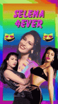 a pixelated poster of selena quintana with a rainbow background