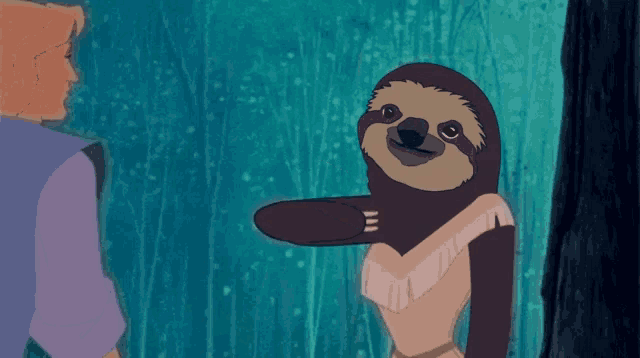 a cartoon sloth is standing next to a man in a blue shirt