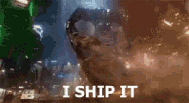 a screenshot of a movie scene with the words `` i ship it '' written in white letters .