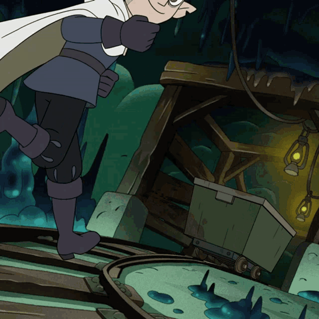 a cartoon drawing of a man in a cape standing next to a cart