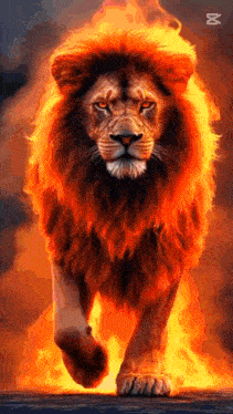 a lion with a long mane is walking through a fire filled area .