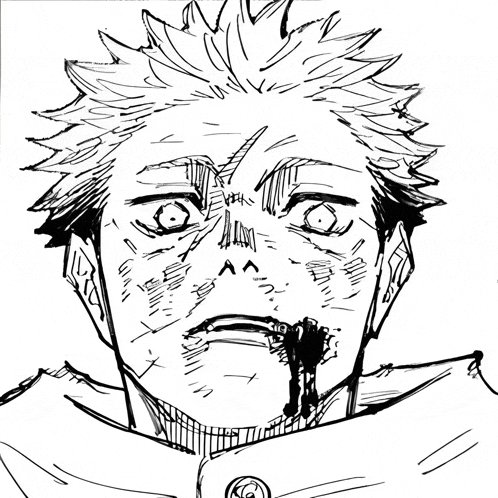 a black and white drawing of a person with blood coming out of their nose