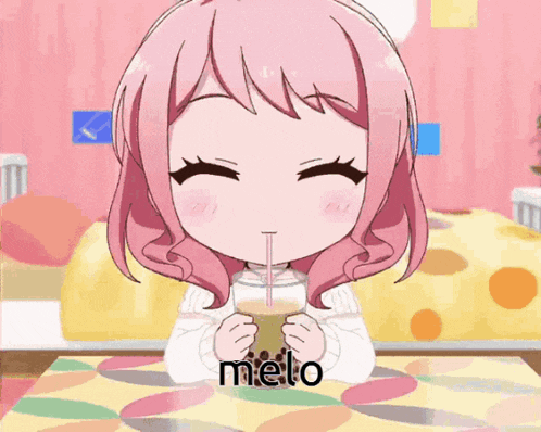 a girl with pink hair is drinking through a straw and the word melo is on the bottom right