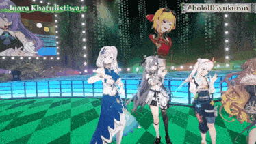 a group of anime girls standing on a stage with a sign that says juara