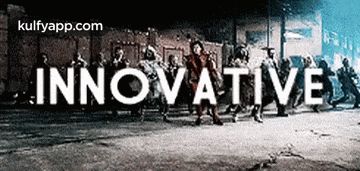 a group of people are walking down a street with the word innovative written on the bottom