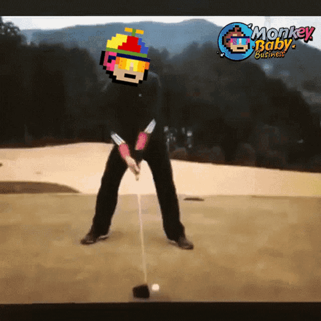 a video of a man swinging a golf club with a monkey baby business logo in the background