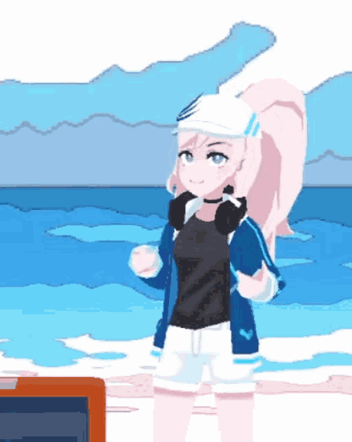 a pixel art drawing of a girl standing on the beach