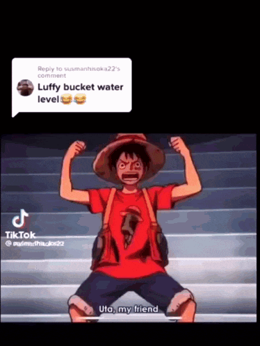 luffy from one piece is kneeling down on a set of stairs with his arms up .