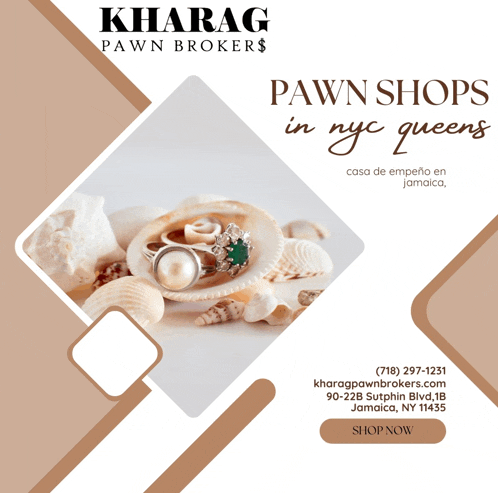 an advertisement for khrag pawn brokers shows seashells and jewelry