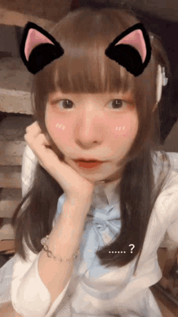 a girl with cat ears on her head has a question mark in front of her face