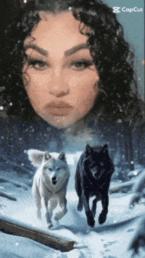 a woman with curly hair is surrounded by two wolves