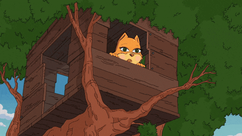 a cartoon drawing of a cat looking out of a tree house