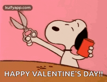 a cartoon of snoopy holding a pair of scissors and a red envelope .