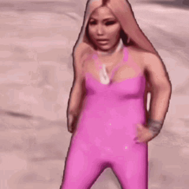 a cartoon of a woman in a pink bodysuit kneeling down on the ground .