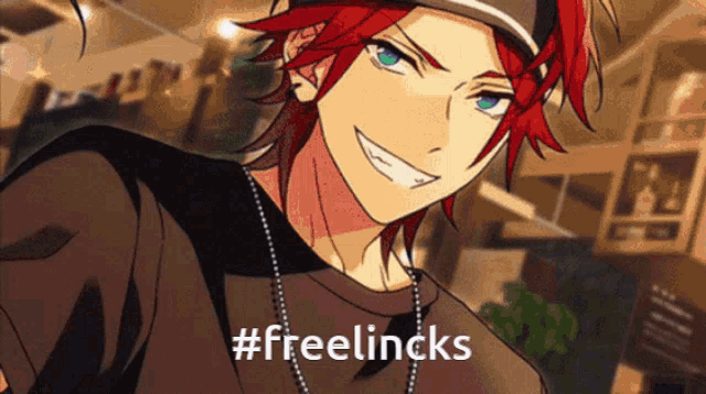 a man with red hair and blue eyes is wearing a hat and a necklace with the hashtag #freelincks
