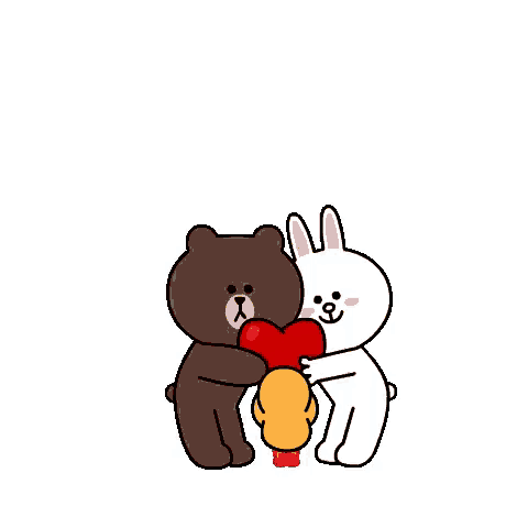 a brown bear , white rabbit and yellow duck are surrounded by red hearts .