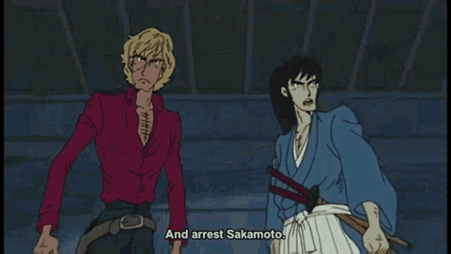 a cartoon of a man in a red shirt and a man in a blue robe with a sword