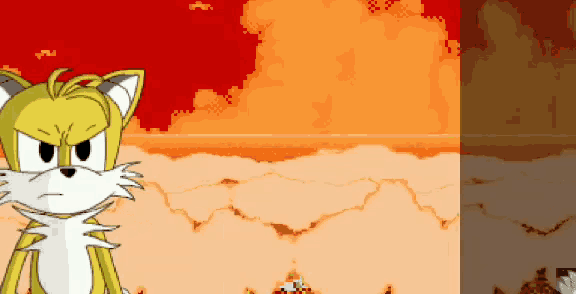 a cartoon of a cat with a red sky behind it