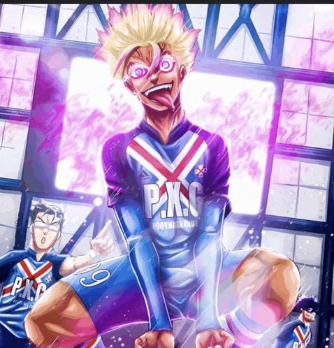 a cartoon of a soccer player wearing a p.x.c jersey