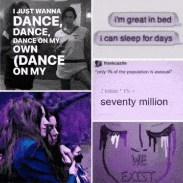 a collage of pictures with one that says i just wanna dance dance dance dance on my own dance on my own
