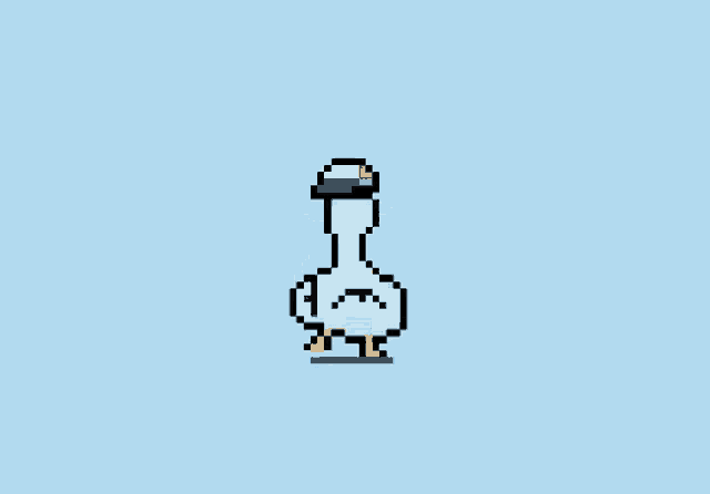 a pixel art duck is wearing headphones and a hat .