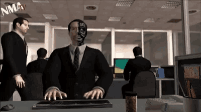 a man with a robot head is typing on a computer