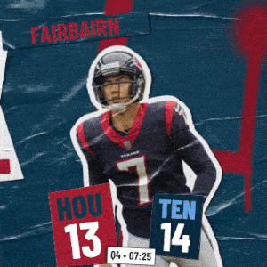 a football player holding a sign that says hou 13 ten 14