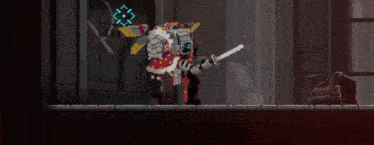 a video game scene with a robot holding a sword and a cat