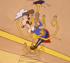 a cartoon man is hanging from a chandelier
