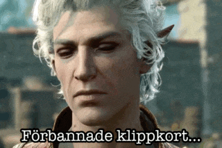 a man with white hair and elf ears is looking down with the words forbannade klippkort written below him .