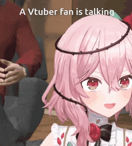 a vtuber fan is talking with a pink haired girl