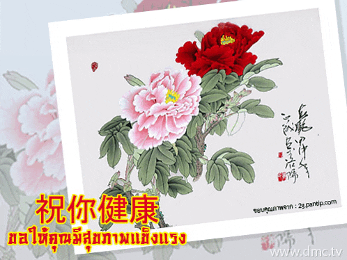 a painting of pink and red flowers with the website www.dmc.tv below