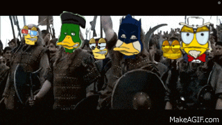 a group of cartoon characters standing next to each other with makeagif.com in the bottom right corner
