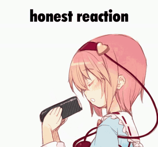 a girl with pink hair is eating a sushi roll with the words " honest reaction " behind her