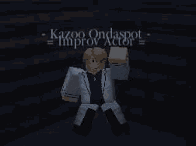 a kazoo ondaspot improv actor is sitting on the ground in a dark room .