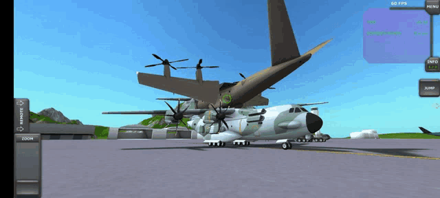 a screenshot of a video game shows a large military plane