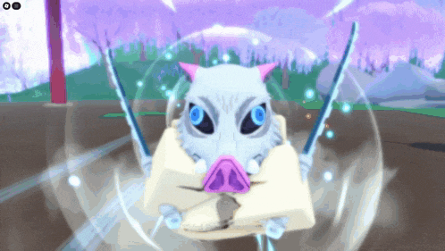 a cartoon pig with blue eyes and a pink nose is holding two swords