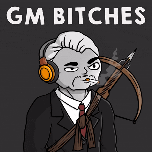 a cartoon of a man smoking a cigarette with the words gm bitches above