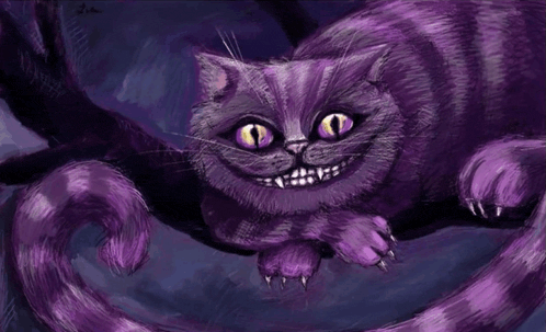 a purple cat with yellow eyes is smiling and looking at the camera